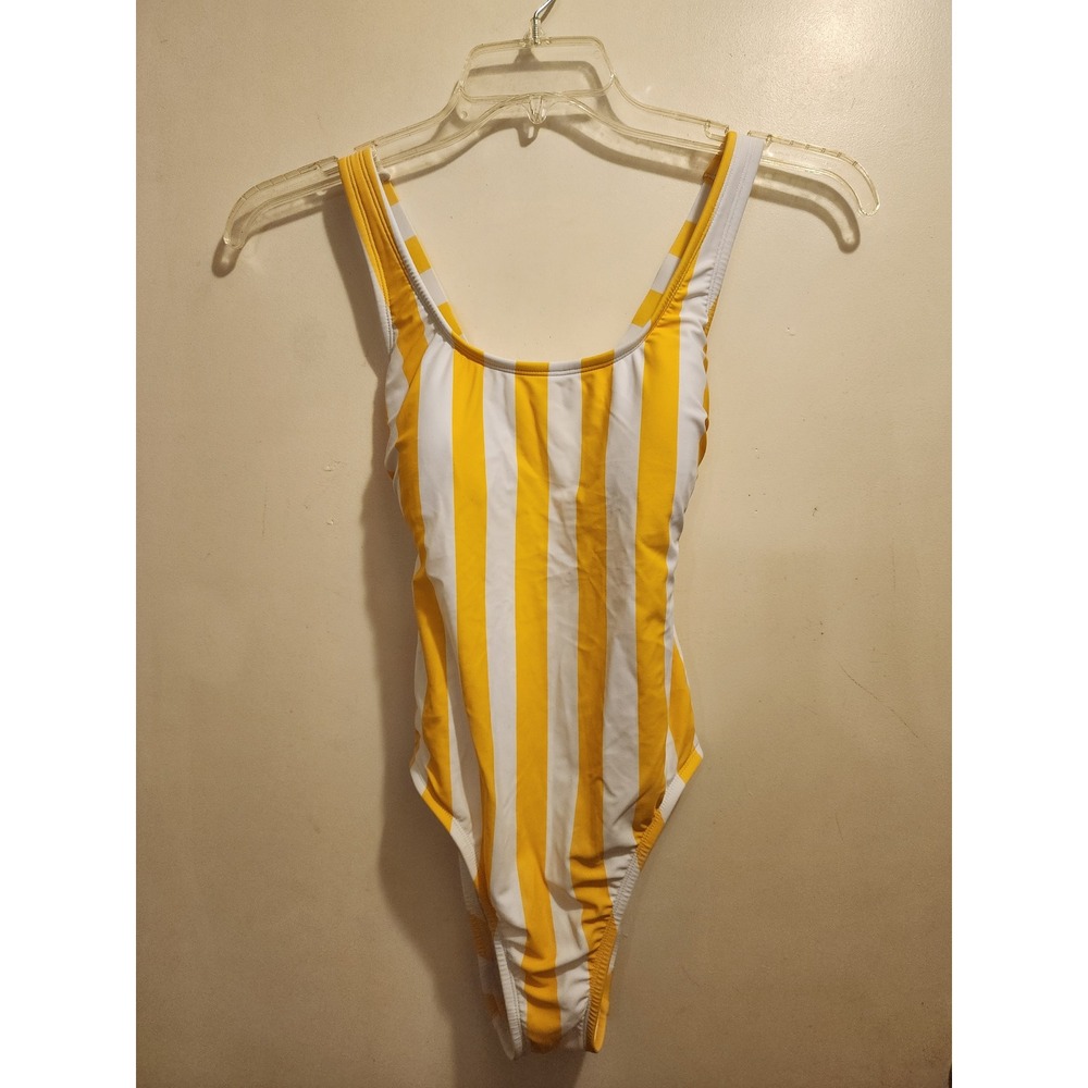 Shade & Shore Yellow White Striped Cross Back One Piece Swimsuit Small 4-6